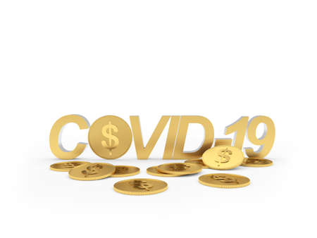 COVID-19 text with dollar coins on white. 3d illustrationの写真素材