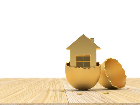 Gold broken eggshell with house icon on wooden surface. 3d illustration