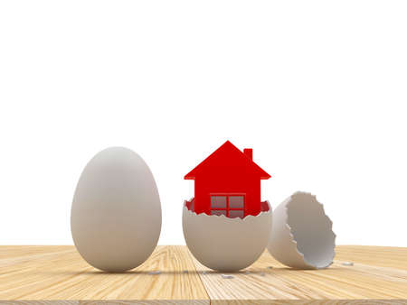 A whole egg and broken eggshell with a red house icon on a wooden surface. 3d illustrationの写真素材