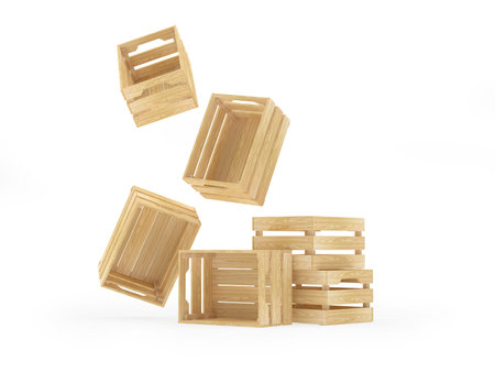 Falling and standing wooden crates isolated on white. 3d illustrationの写真素材
