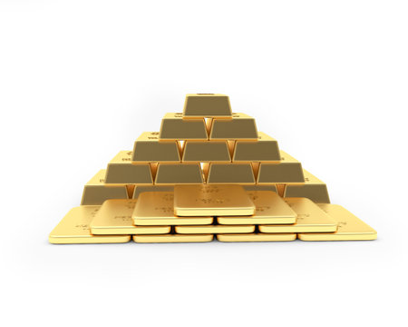 Various gold bars stacked in a pyramid isolated on white. 3d illustrationの写真素材