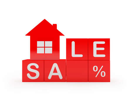 House icon on red cubes with sale text. 3d illustrationの写真素材