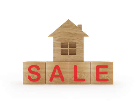 Wooden house icon on cubes with sale text. 3d illustrationの写真素材