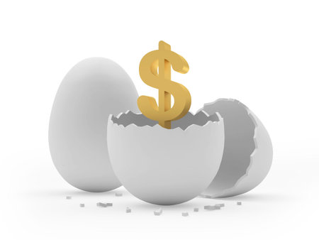 Gold dollar sign in a broken egg. 3d illustrationの写真素材