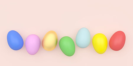 Colorful Easter eggs lie in a row on pastel pink color. 3d illustration ukrの写真素材