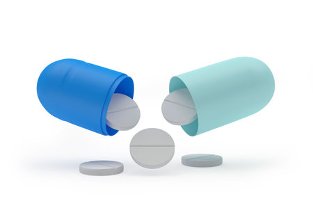 White pills pour out of the blue medicine capsule. 3D illustrationの写真素材