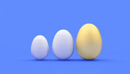 A row of whites and one gold egg as a graph on blue. 3d illustrationの写真素材
