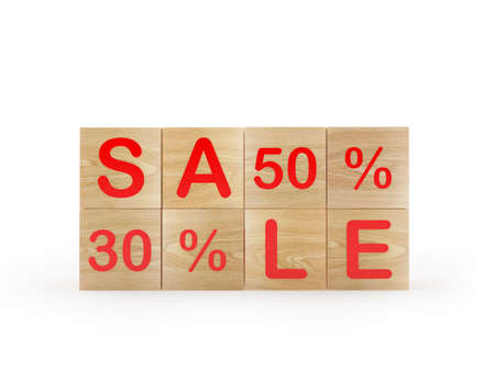Wooden cubes with the text Sale Thirty and Fifty Percent. 3d illustrationの写真素材