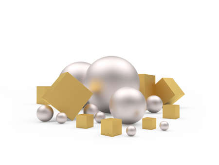 Pearls or spheres and golden cubes of different sizes isolated on white background. 3d illustrationの写真素材