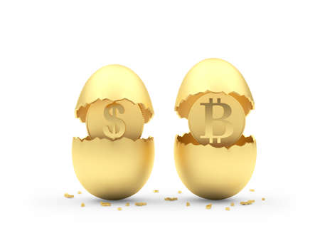 Two broken golden eggs with dollar and bitcoin coins inside. 3d illustrationの写真素材