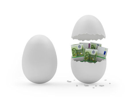 White whole and broken egg filled with euro banknotes. 3d illustration