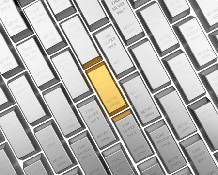 Rows of silver bars and one gold bar among them. 3d illustrationの写真素材