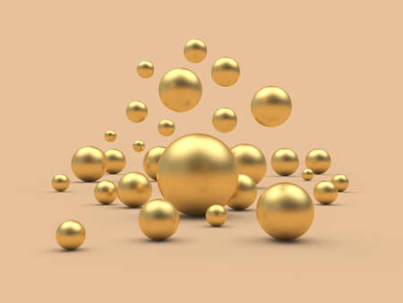 Gold spheres or balls of various sizes are falling on a beige background. 3d illustrationの写真素材