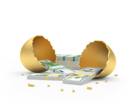 A lot of bundles of dollars and euro banknotes in a golden broken egg on a white background. 3d illustrationの写真素材