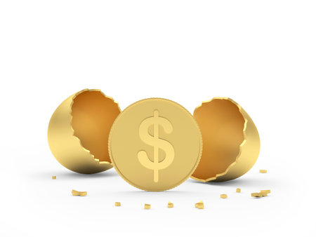 Dollar coin next to golden broken eggshell on white. 3d illustrationの写真素材