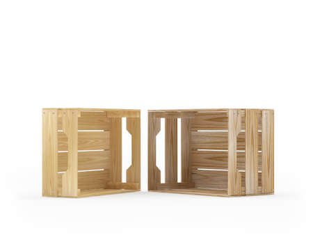 Two empty wooden crates lie on the side isolated on white. 3D illustrationの写真素材