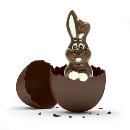 Easter chocolate bunny in a broken egg isolated on white. 3d illustrationの写真素材