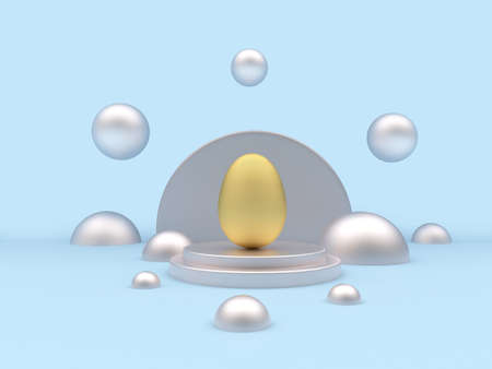 A golden Easter egg on a round pedestal with spheres in pastel blue colors. 3d illustrationの写真素材