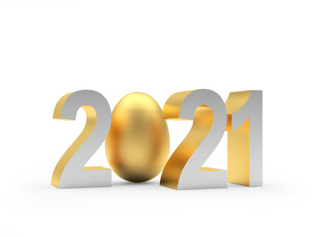 Number 2021 with golden egg isolated on white. 3d illustration