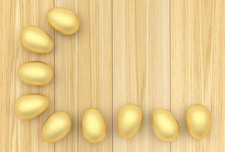 Easter golden eggs on a wooden surface with space for text. 3d illustrationの写真素材
