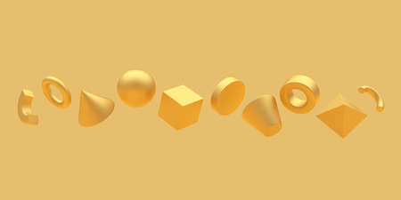 Row of golden geometric shapes from spheres and cubes and cones on yellow. 3d illustrationの写真素材