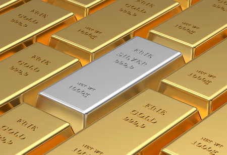 Rows of gold bars and one silver among them. 3d illustrationの写真素材