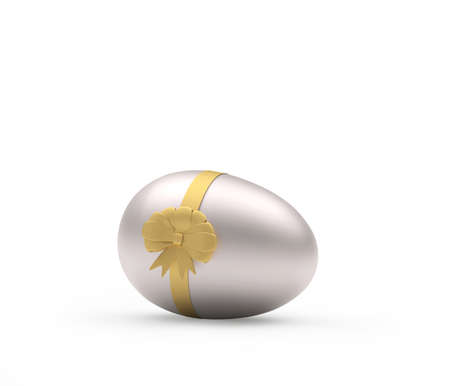 A silver mother-of-pearl Easter egg with a bow lies horizontally on white. 3d illustrationの写真素材