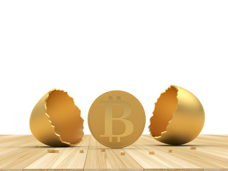 Bitcoin coin with golden broken eggshell on wooden surface. 3d illustrationの写真素材