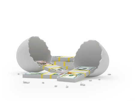 Bundles of dollars and euro banknotes in broken eggshell. 3d illustrationの写真素材