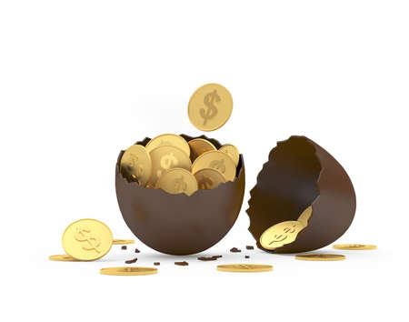 Chocolate Easter broken egg with dollar coins. 3d illustrationの写真素材