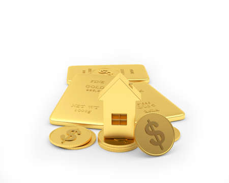 House icon on gold bars and dollar coins isolated on white. 3d illustrationの写真素材