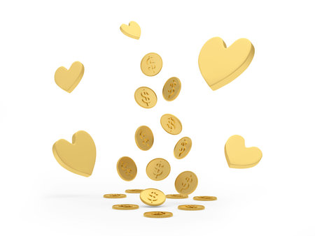 Dollar coins falling among golden hearts icons. 3d illustrationの写真素材