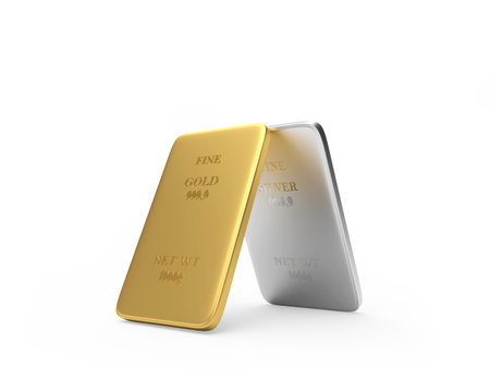 Two gold and silver bars stand vertically against a white background. 3d illustrationの写真素材