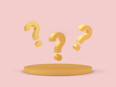 Round gold stand with question marks on pink. 3d illustrationの写真素材