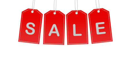 Sale word on red price tags isolated on white background. 3d illustrationの写真素材