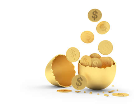 Dollar coins fall into golden halves of eggshells. 3d illustrationの写真素材