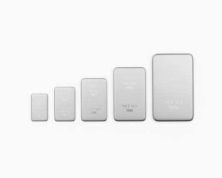 Silver bars of different sizes in ascending order. 3d illustrationの写真素材
