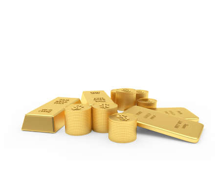 Dollar coins and gold bars isolated on white. 3d illustrationの写真素材