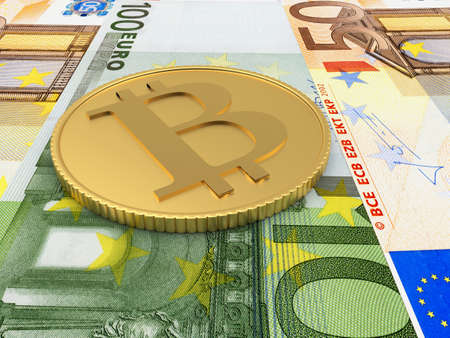 Bitcoin coin lies on euro banknotes. 3d illustrationの写真素材