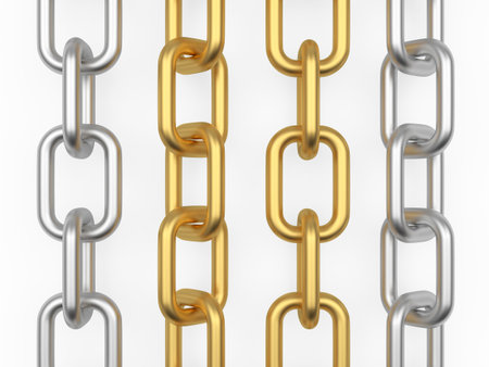 Vertical rows of silver and gold chains isolated on white. 3d illustration