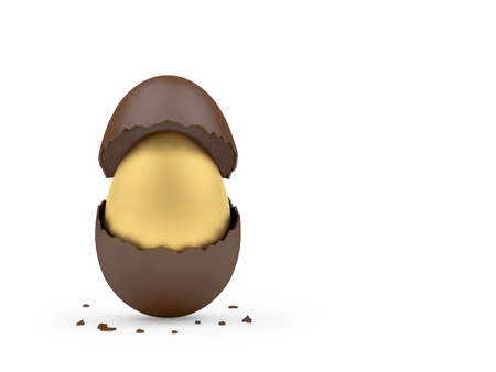 Golden egg inside a chocolate broken eggshell. 3d illustrationの写真素材