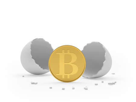 Bitcoin coin with broken eggshell. 3d illustrationの写真素材