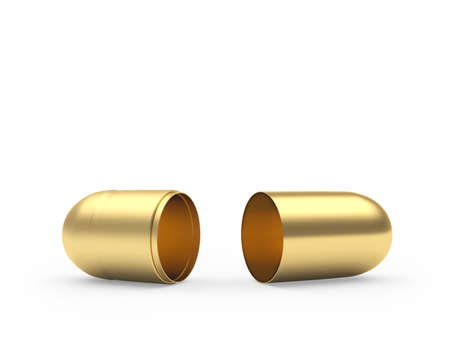 Empty open gold capsule isolated on white. 3d illustrationの写真素材
