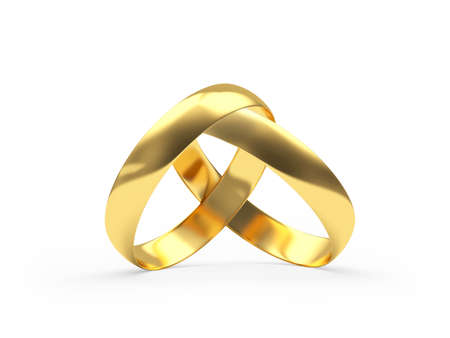 Gold wedding rings connected on white. 3d illustrationの写真素材
