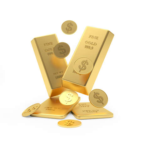 Gold bars and coins are falling on white. 3d illustrationの写真素材