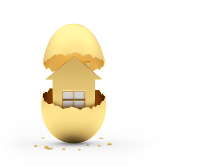 House icon inside broken golden egg, isolated on white. 3d illustration