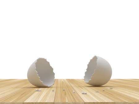 Empty broken eggshell on a wooden surface on white. 3d illustrationの写真素材