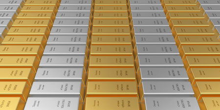 Vertical rows of gold and silver bars. 3d illustrationの写真素材
