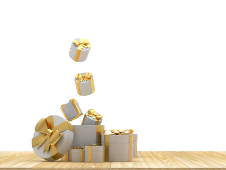 Falling white gift boxes on wooden background on white. 3d illustrationの写真素材