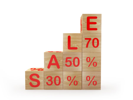 Stairs or graph from wooden cubes with the text Sale Thirty and Fifty and Seventy Percent. 3d...